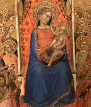 10 The Madonna and Child by Bernardo Daddi 1338. She is wearing her blue cloak painted in teh style of a Roman Woman's Palla - edited